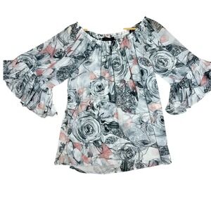Karen‎ Kane BOHO Top M Off Shoulder Bell Sleeve Floral Blouse Sheer Cottage